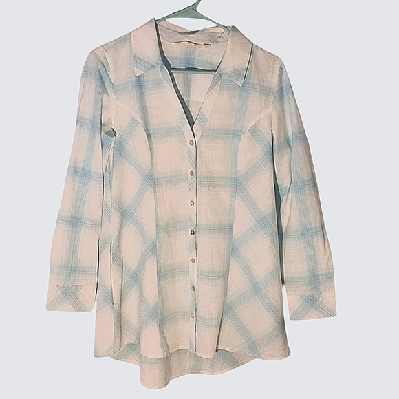 Soft Surroundings pearl button‎ down top pale blue white plaid womens ext… - Picture 1 of 13